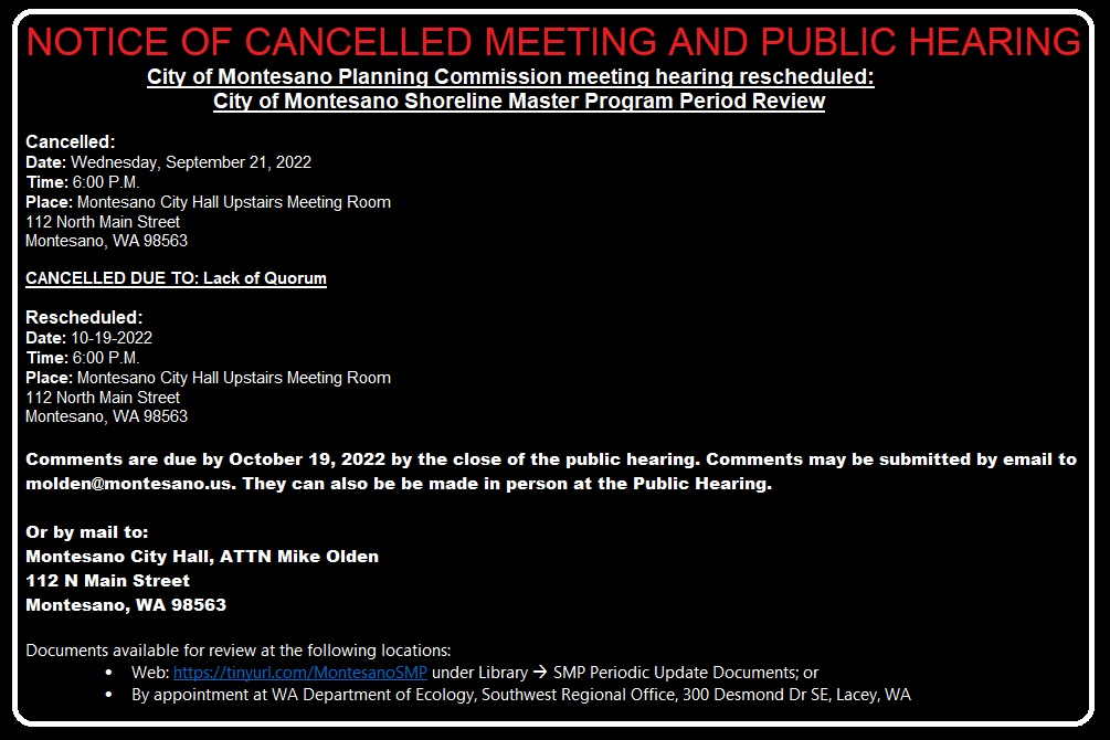 NOTICE OF CANCELLED MEETING AND PUBLIC HEARING